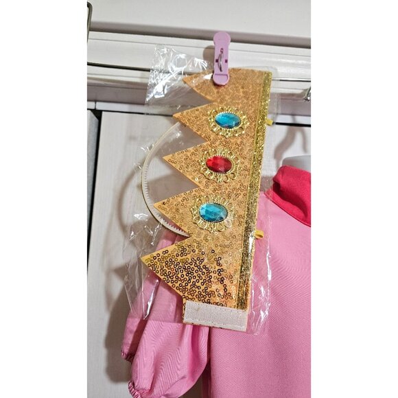 Princess Peach Kids Costume Dress Hoop Skirt Crown Tiara Pink Super Mario Girls - Picture 2 of 5
